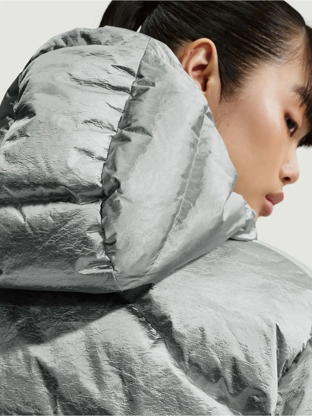 Nike Metallic Silver Hooded Quilted Puffer Jacket